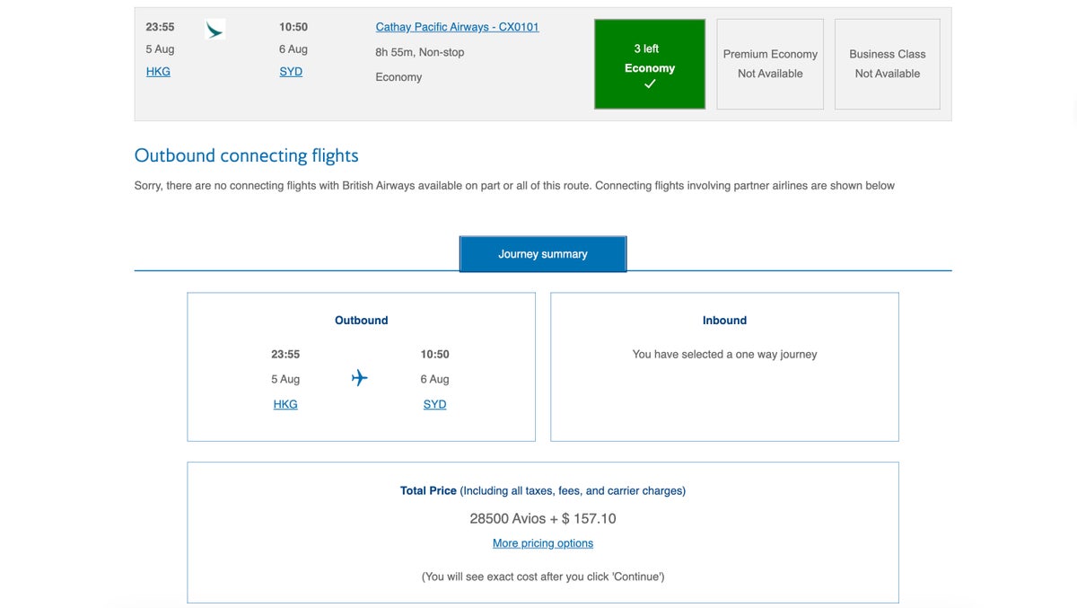 ba avios hkg syd economy class award
