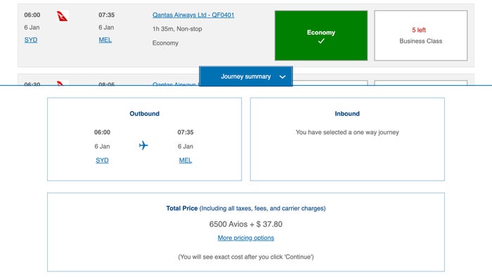ba avios syd mel economy class