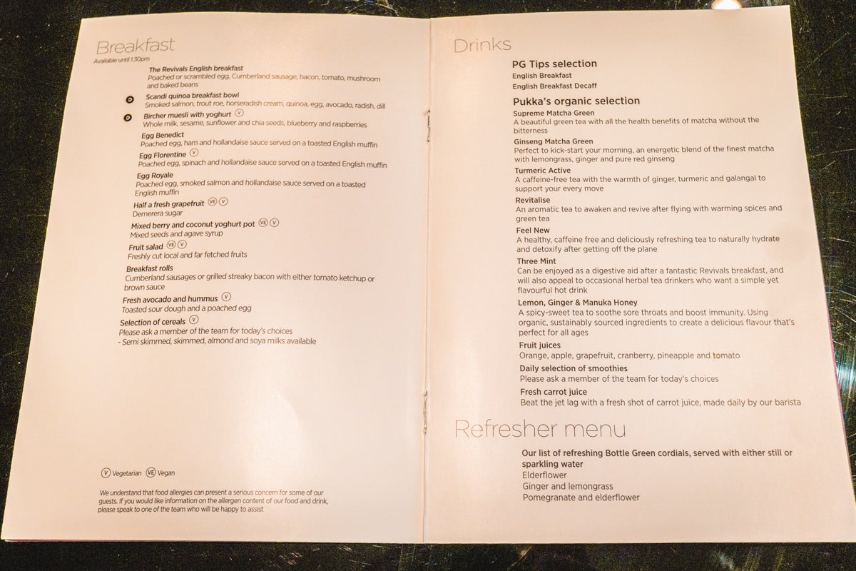 Virgin Atlantic Revivals Lounge DIning Menu