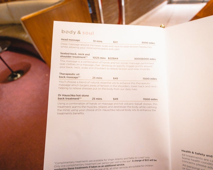 Virgin Atlantic Clubhouse JFK Spa Menu Body & Soul