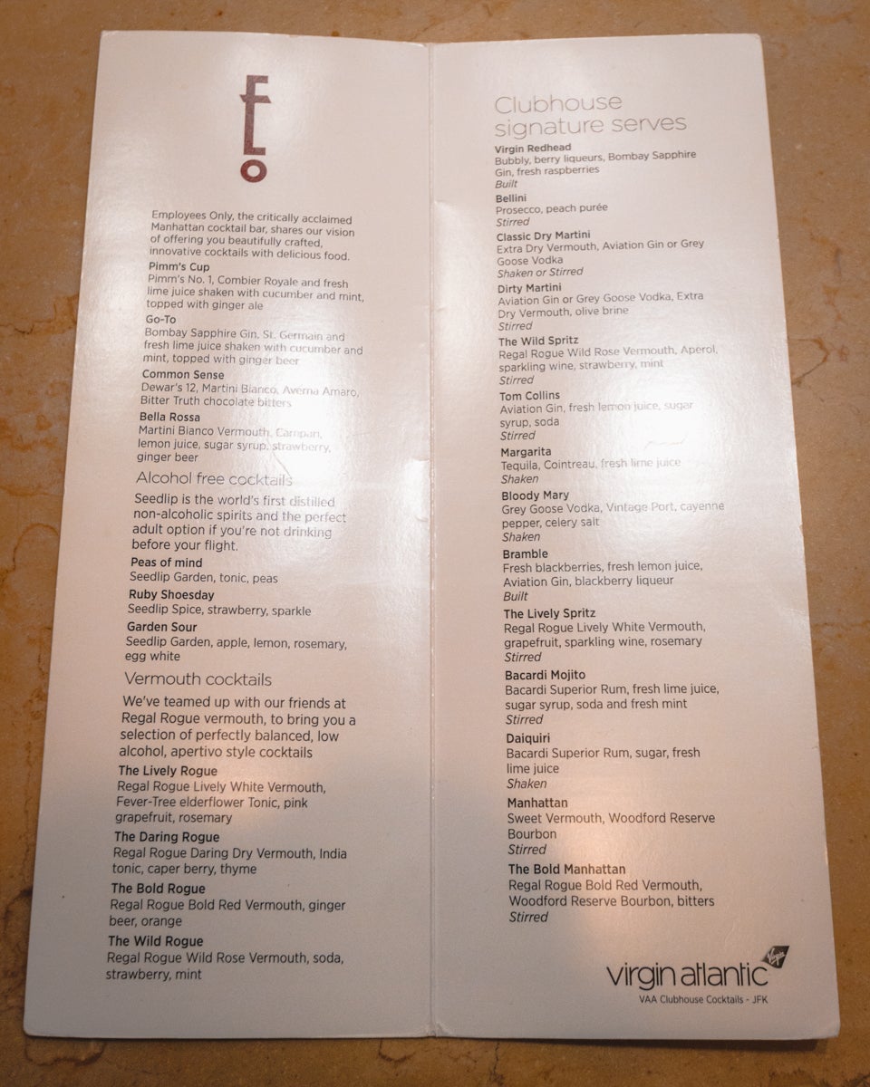 Virgin Atlantic Clubhouse JFK Cocktail List