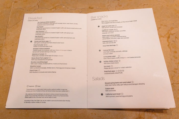 Virgin Atlantic Clubhouse JFK Bar Menu Breakfast, Snacks & Salads