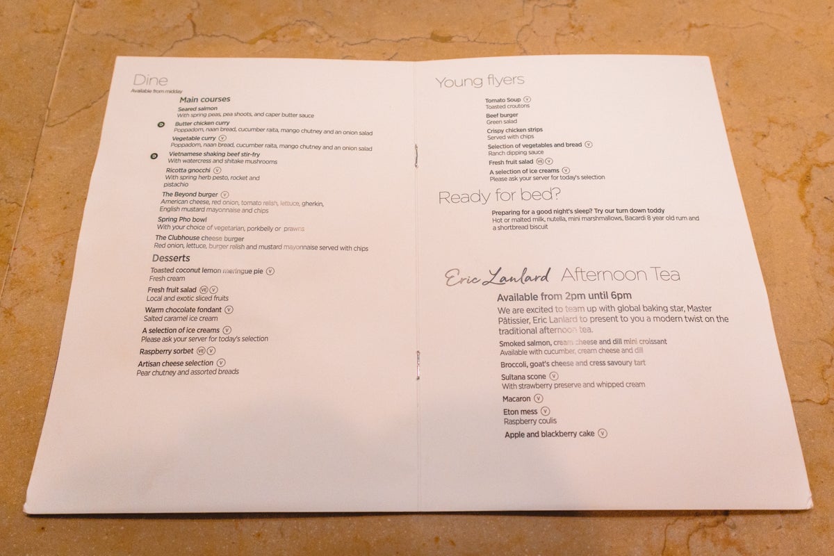 Virgin Atlantic Clubhouse JFK Bar Menu Mains, Deserts, Kids, Tea