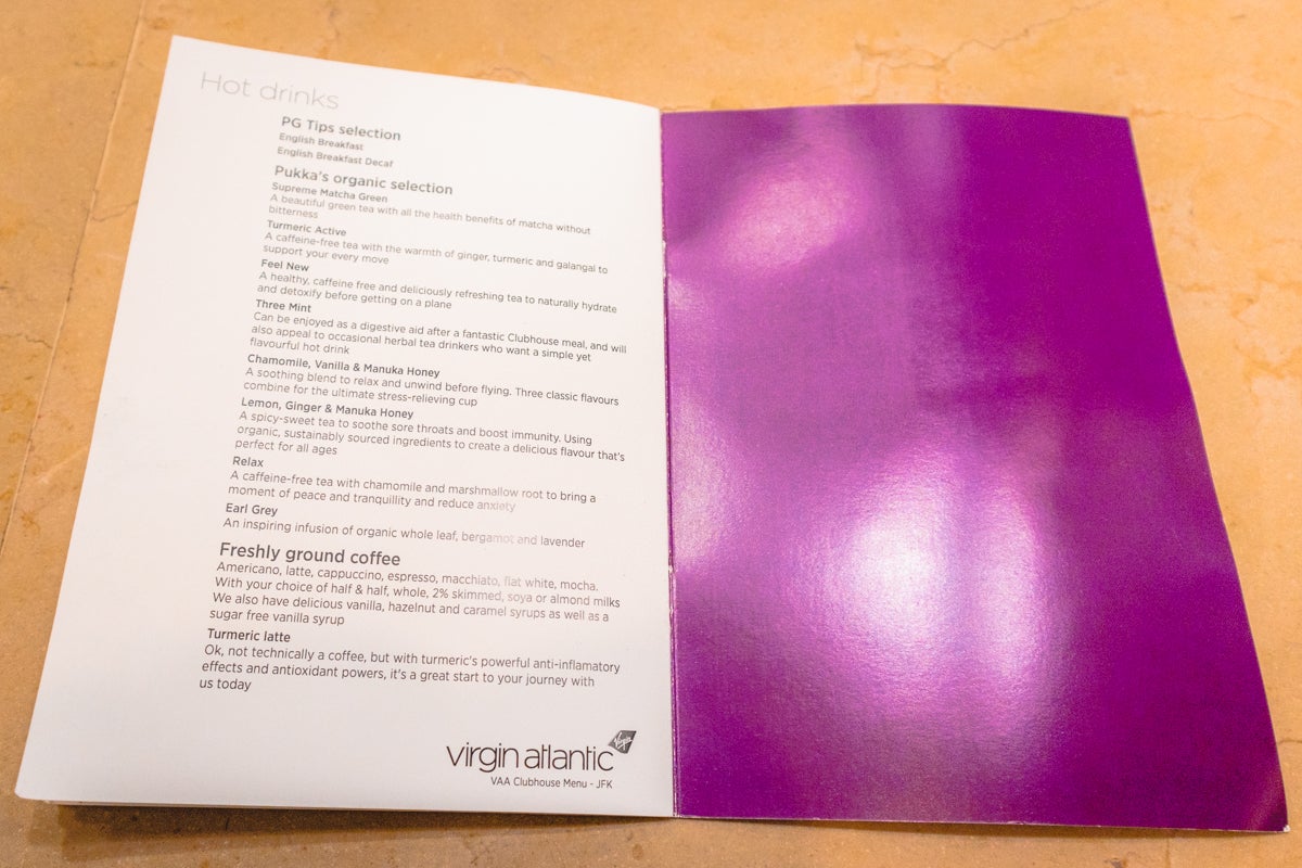 Virgin Atlantic Clubhouse JFK Hot Drink Menu