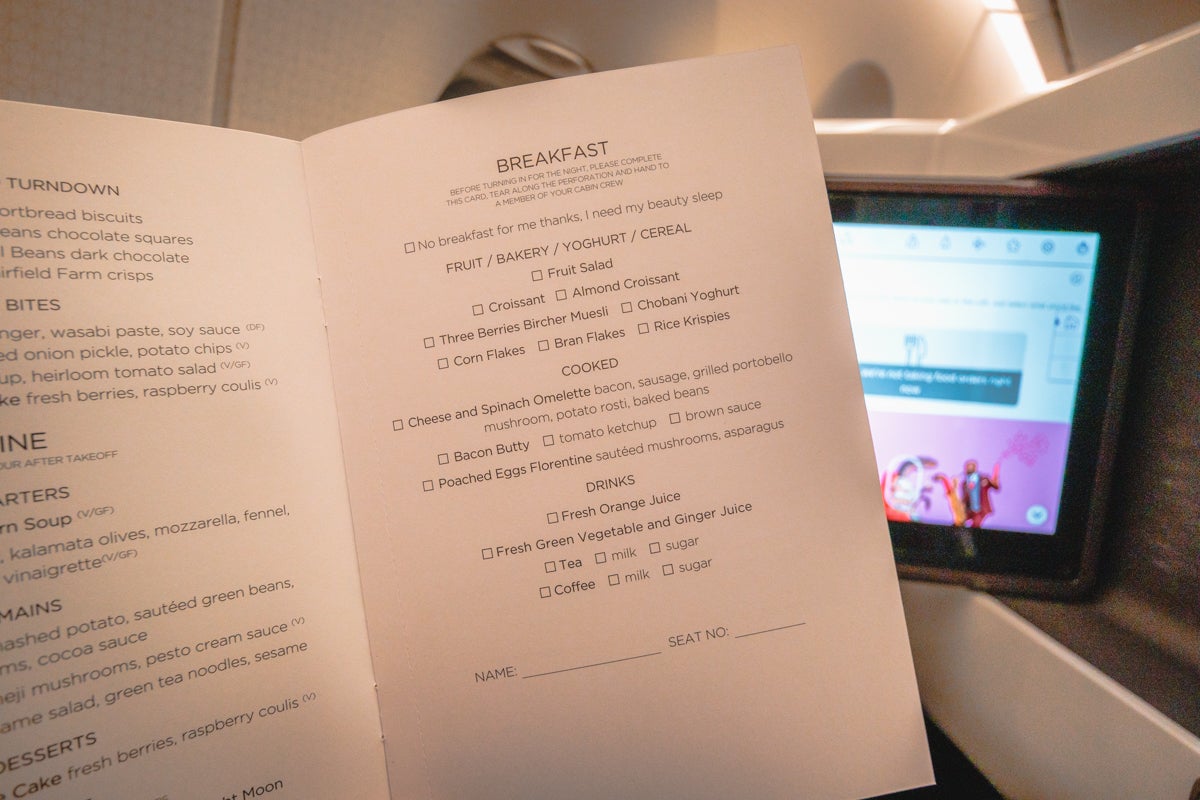 Carte de Petit—déjeuner de Classe Supérieure Virgin Atlantic Airbus A350