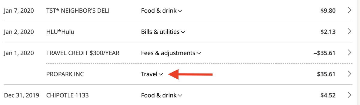 Chase Travel Rewards Category detail