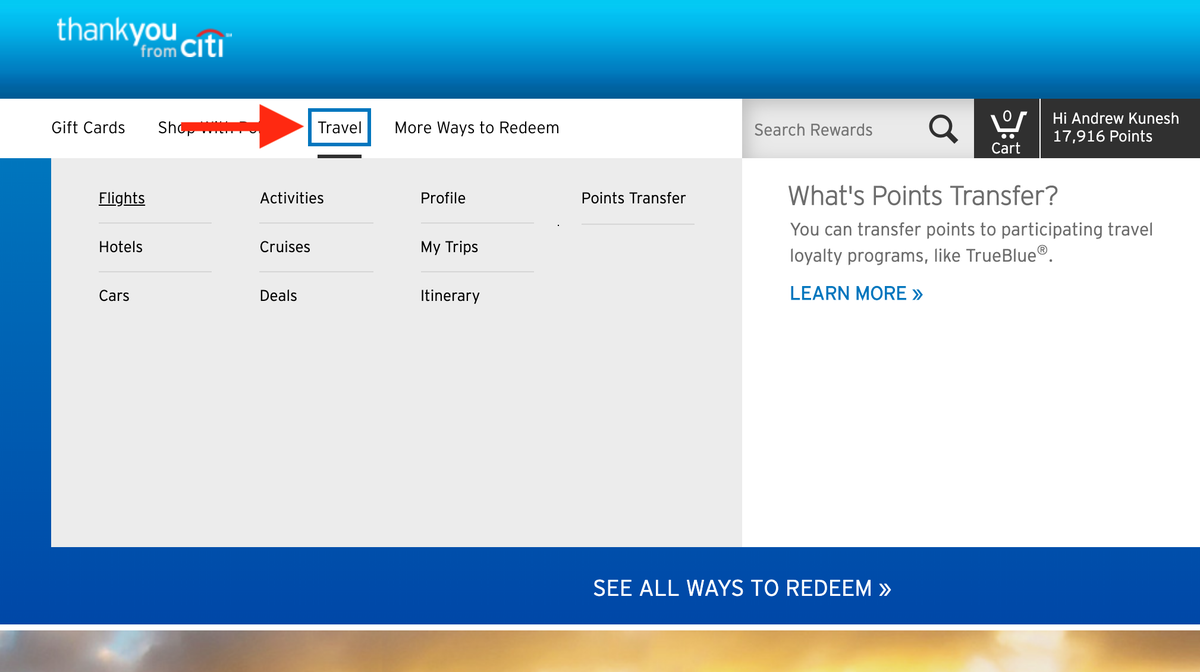 Click The Travel Button On The Top of The Screen Citi ThankYou Travel Portal