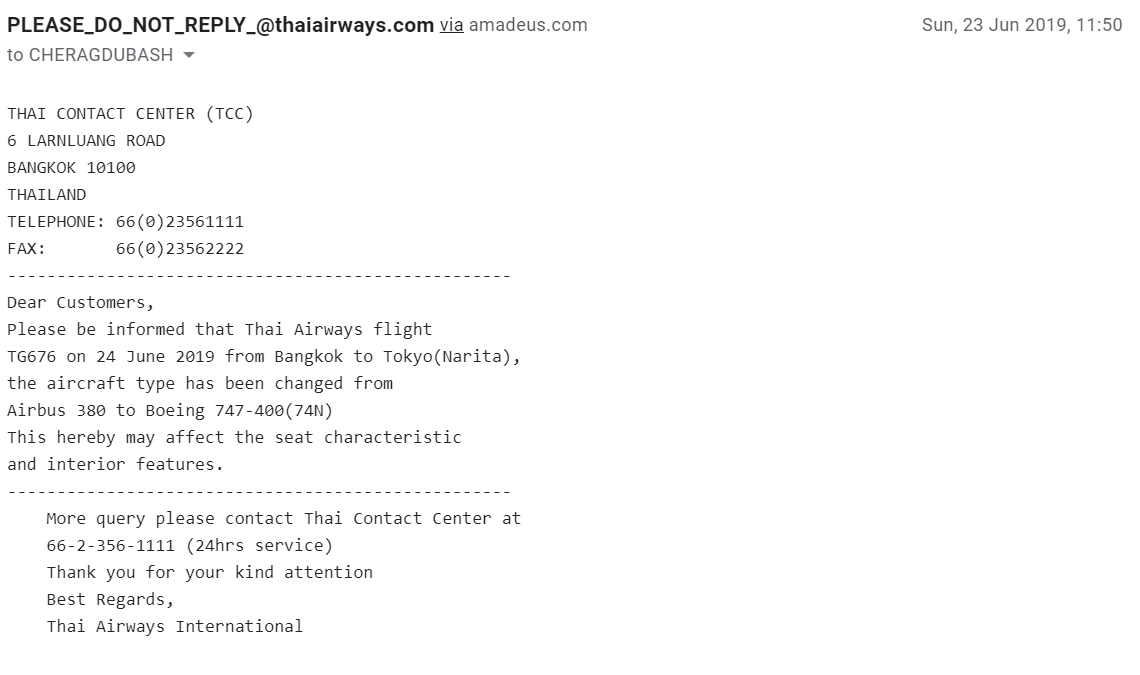 Thai Airways email 1