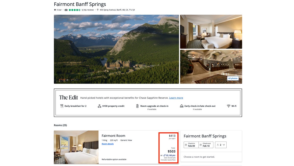 Using chase travel portal to book fairmont banff springs