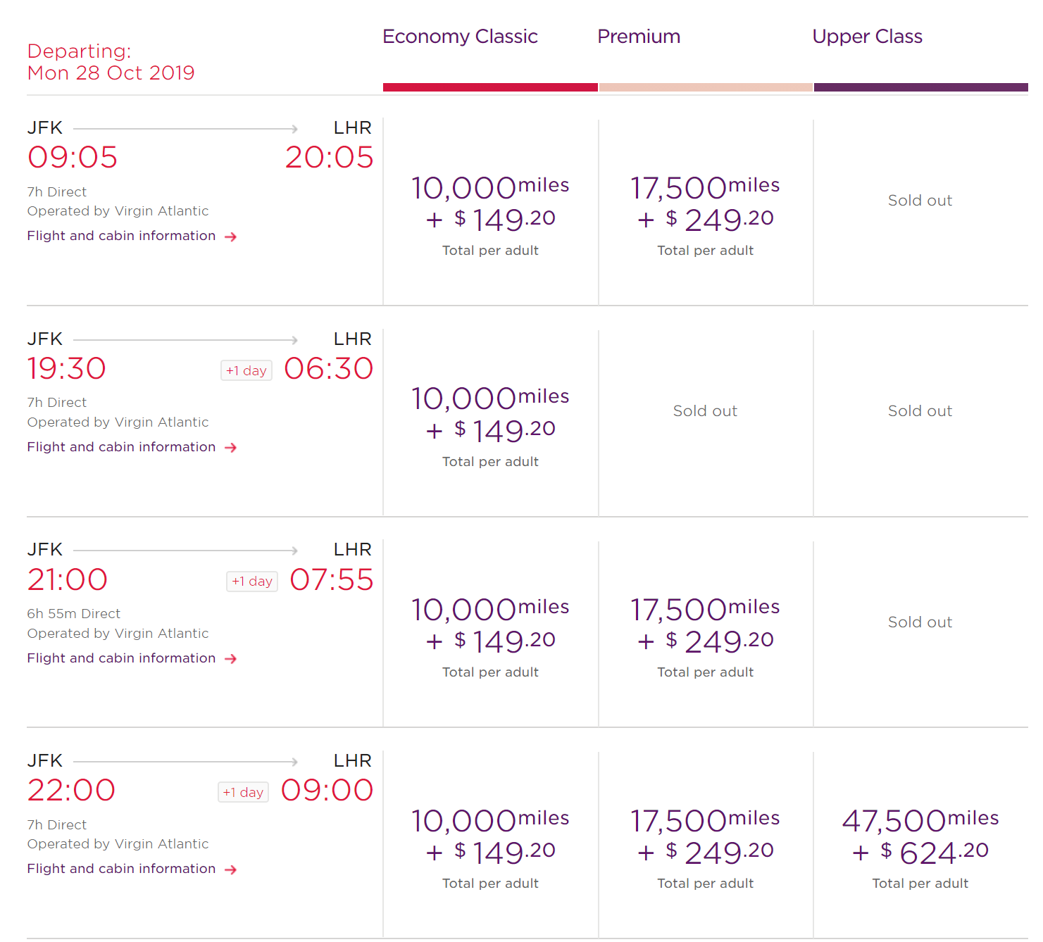 Virgin Atlantic Award Flight Selection. Image Credit: Virgin Atlantic