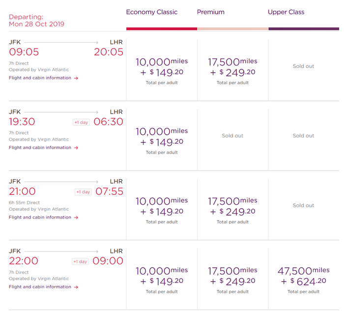 Virgin Atlantic Award Flight Selection. Image Credit: Virgin Atlantic