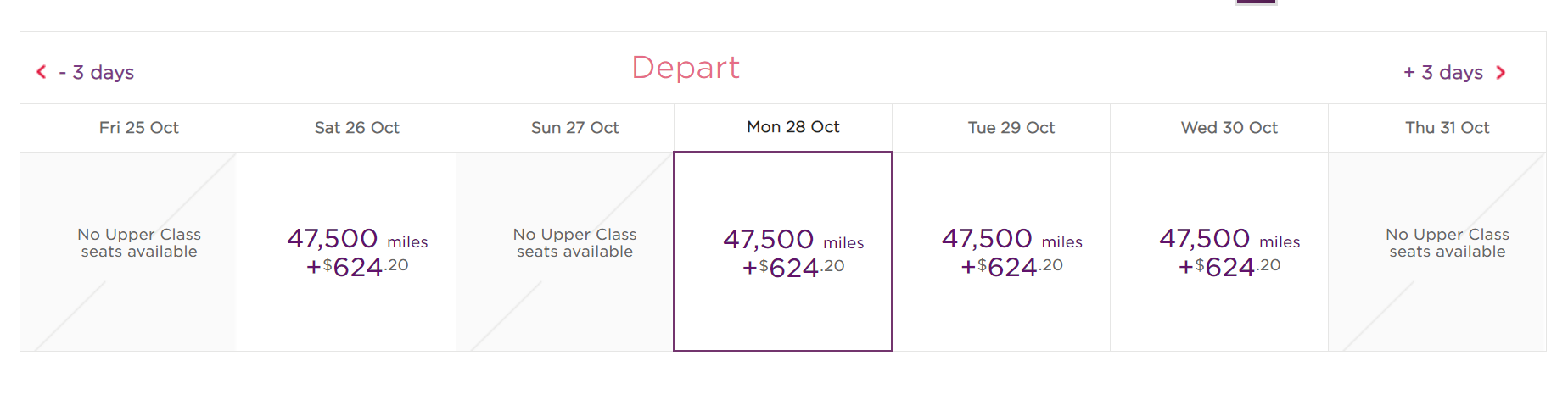 Buchungskalender von Virgin Atlantic