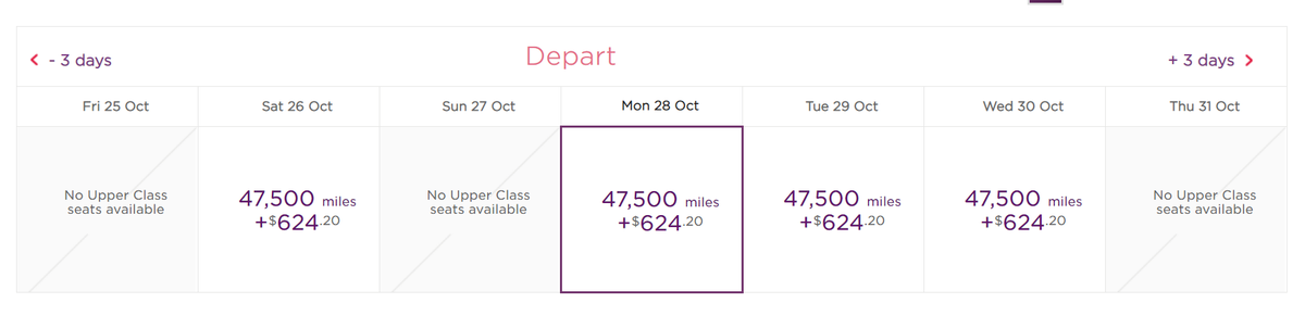Virgin Atlantic Booking Calendar
