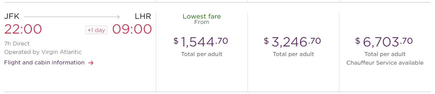 Confronto tariffa pagata Virgin Atlantic