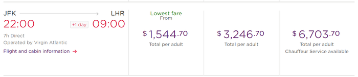 Virgin Atlantic Paid Fare Comparison