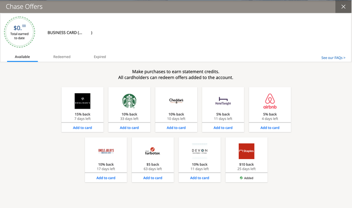 Adding Chase Offers to a Ink Business Card on Chase.com