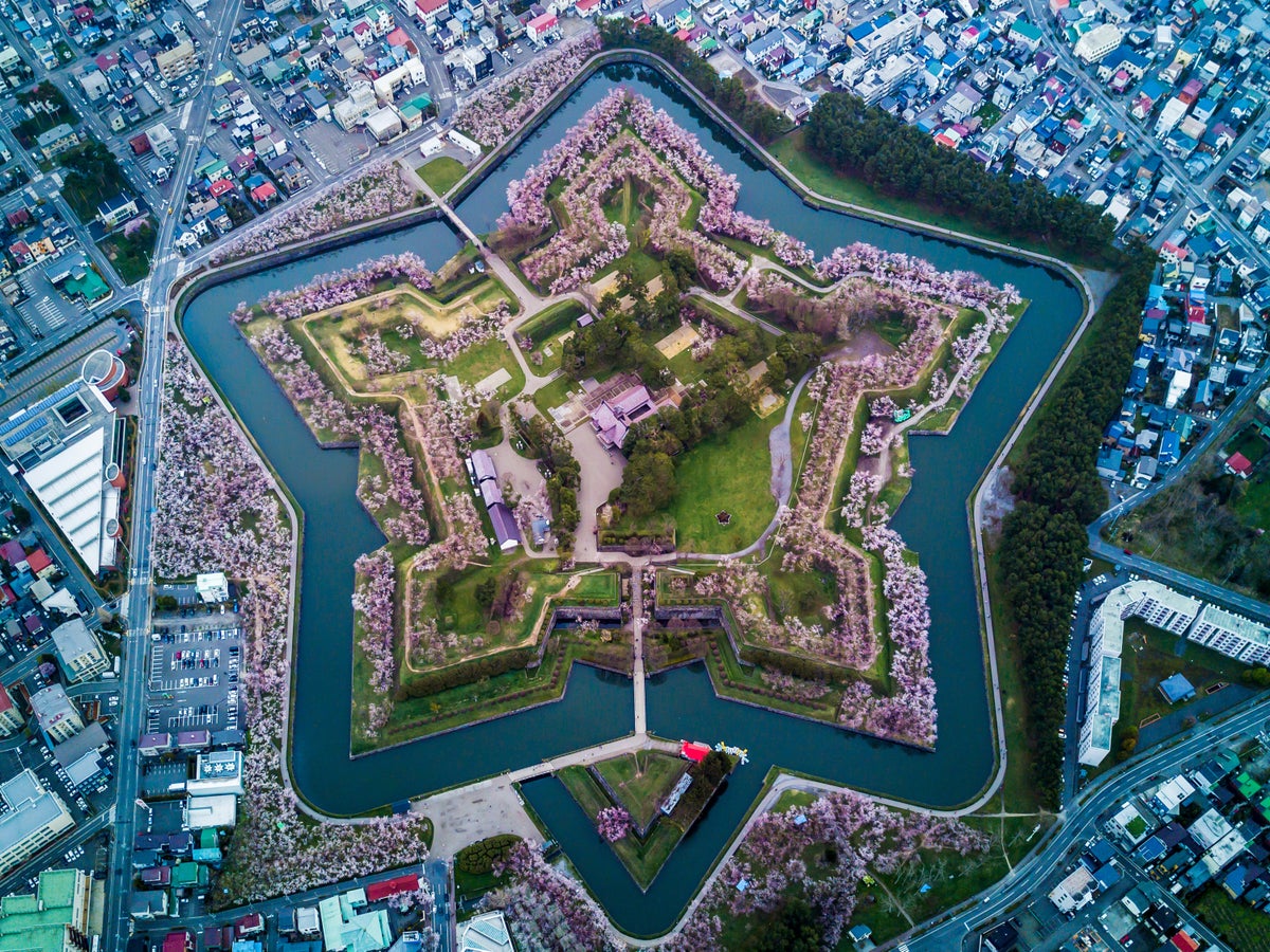 Aerial Top view of Fort Goryokaku with cherry blossom Aerial Top view of Fort Goryokaku with cherry blossom