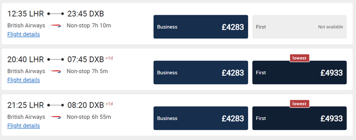 British Airways LHR DXB Paid Fare