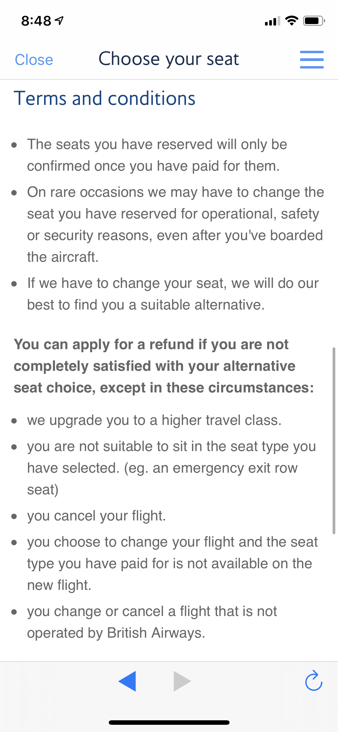 British Airways Seat Selection Charges Terms and Conditions