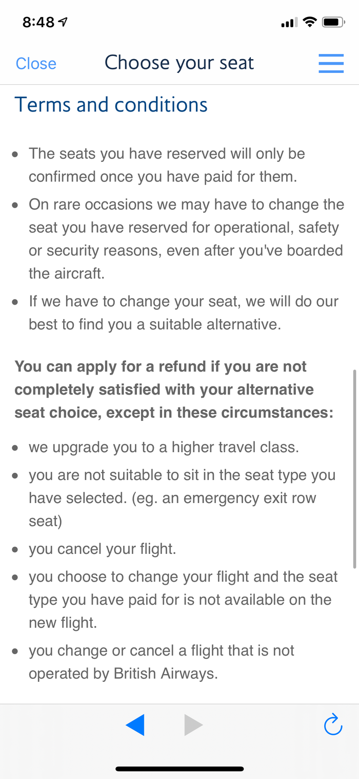 British Airways Seat Selection Charges Terms and Conditions