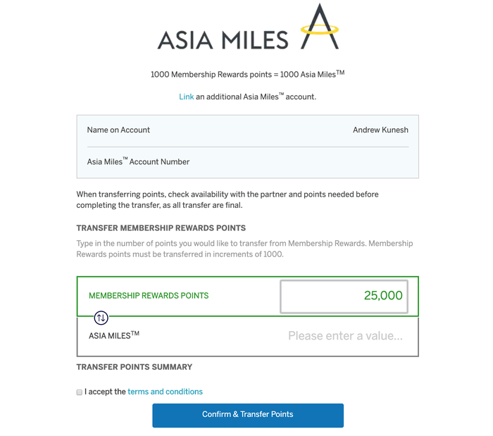 Choose How Many Points To Transfer to Your Transfer Partner of Choice