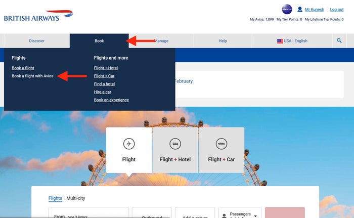 Click The Book With Avios Button