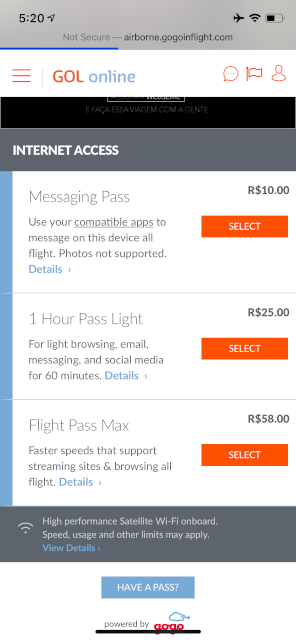 GOL Inflight Internet Options