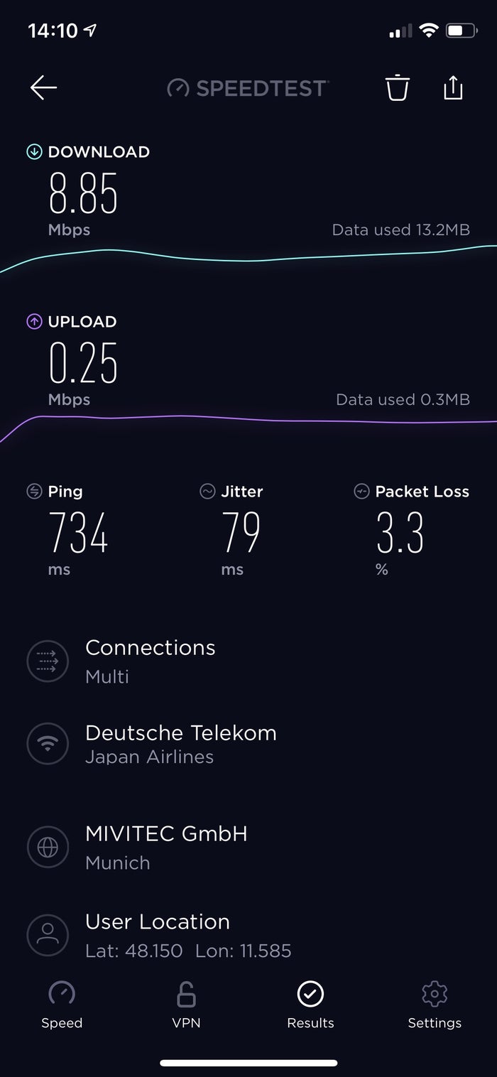 Japan Airlines Boeing 777 300ER WiFi speed