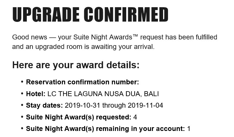 The Laguna Bali Suite Night Award Email Confirmation