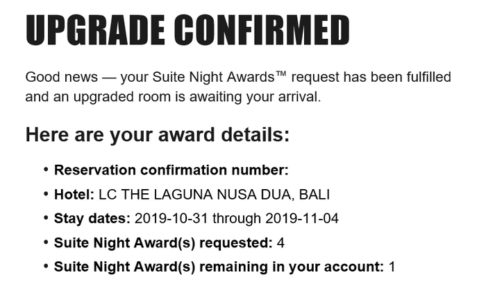 The Laguna Bali Suite Night Award Email Confirmation