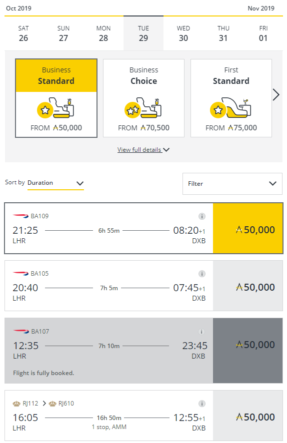 Searching for British Airways award seats on Asia Miles