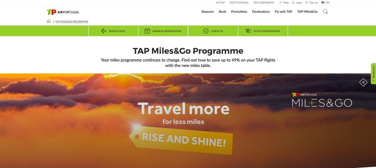 TAP Air Portugal Miles&Go homepage