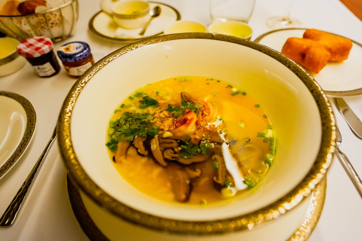 Thai Airways Boeing 747 400 First Class Rice soup with tiger prawns and black mushroom