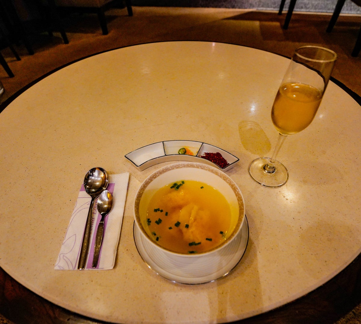 Thai Airways Royal First Lounge Shrimp wonton soup