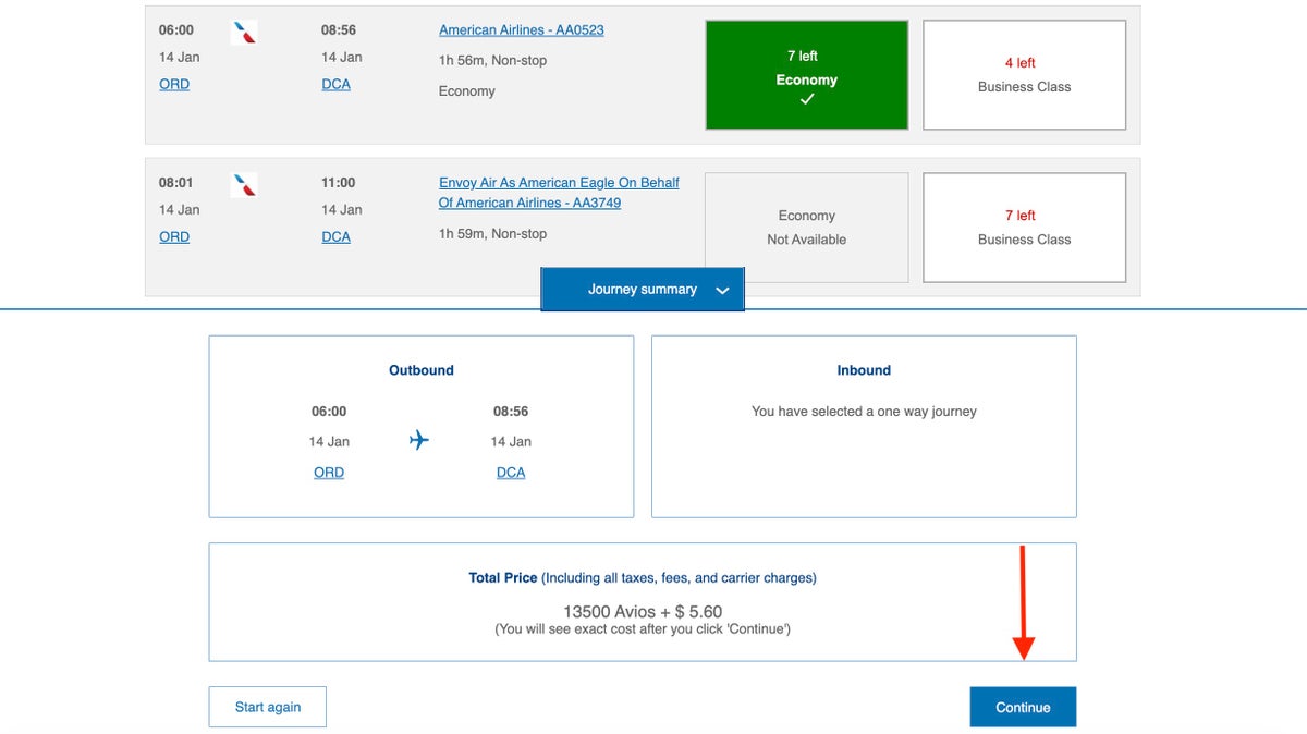Selecting A Flight To Book With Avios ba avios ord dca award economy