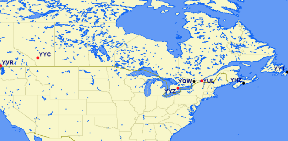 Air Canada hubs and focus cities
