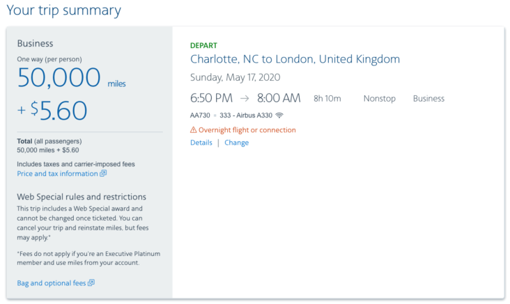 American Airlines award booking example American Airlines award booking example