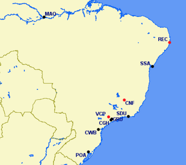 Azul Brazilian Airlines hubs and focus cities