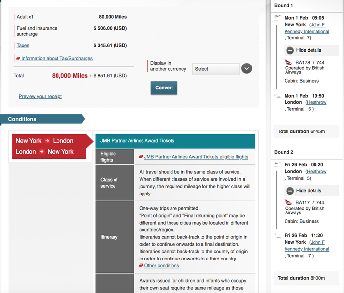 British Airways booking with Japan Airlines miles