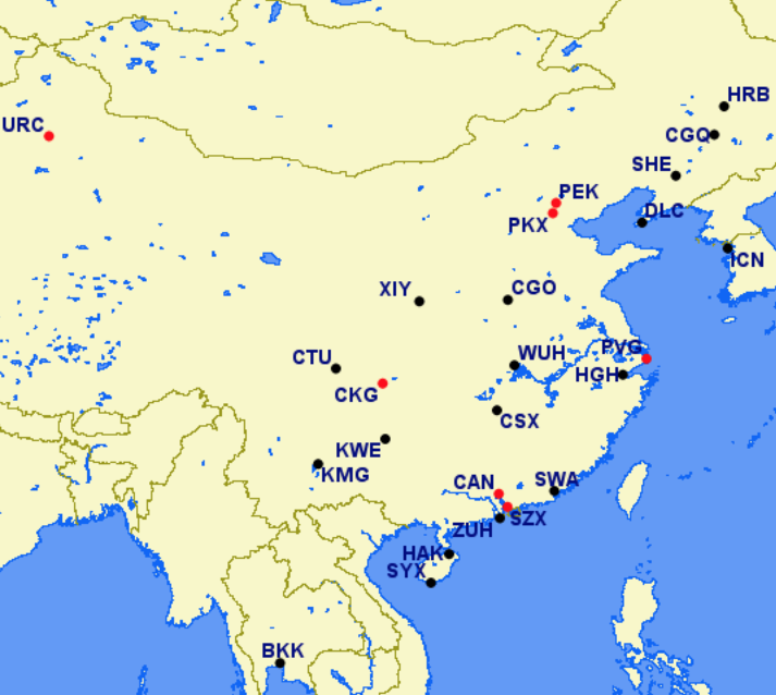 China Southern hubs and focus cities