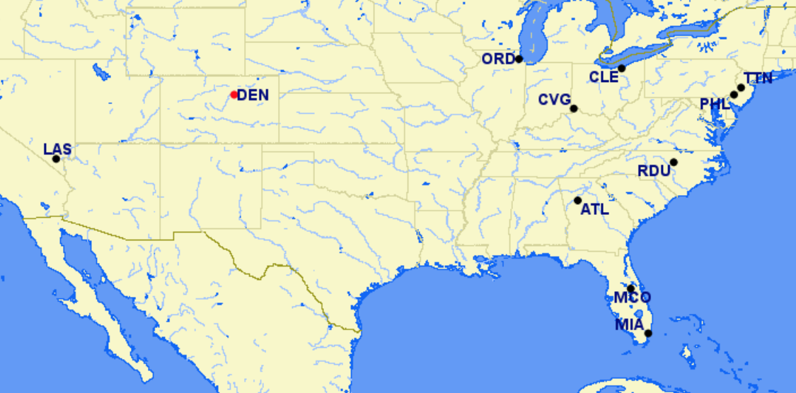 Frontier Airlines hubs and focus cities