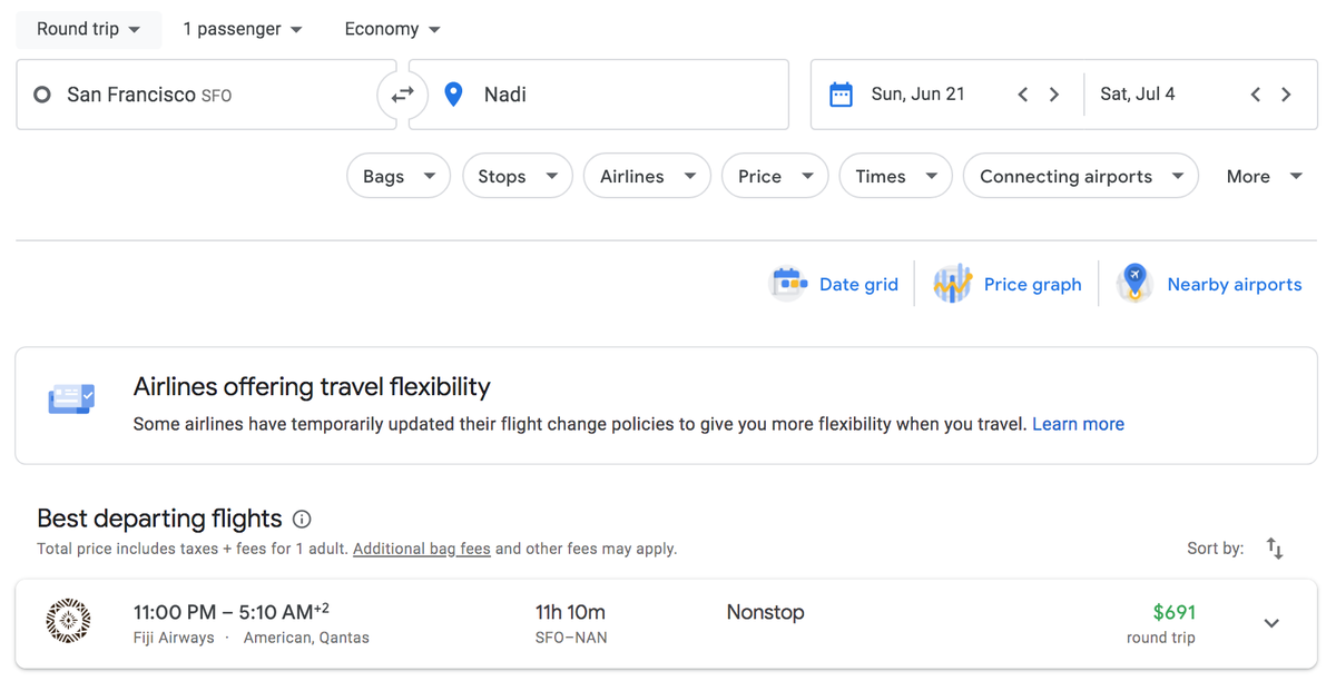 Google Flights Tahiti Flexible dates cheap flight result