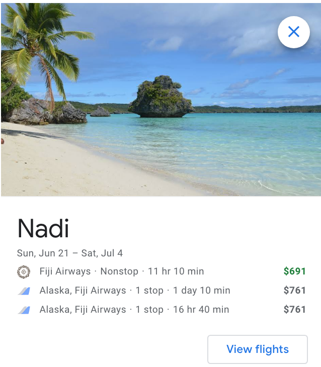 Google Flights flexible dates Fiji