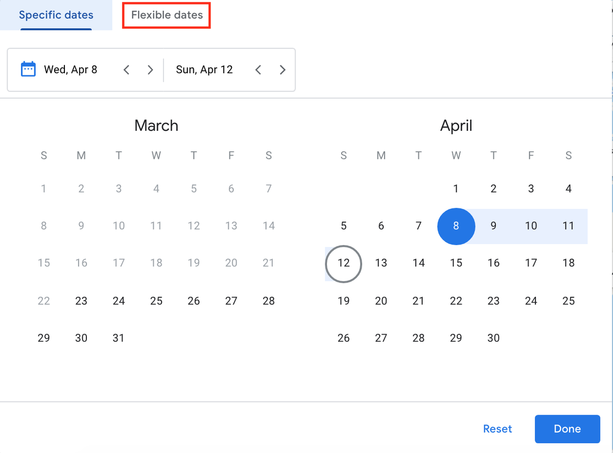 Google Flights more destinations flexible dates button
