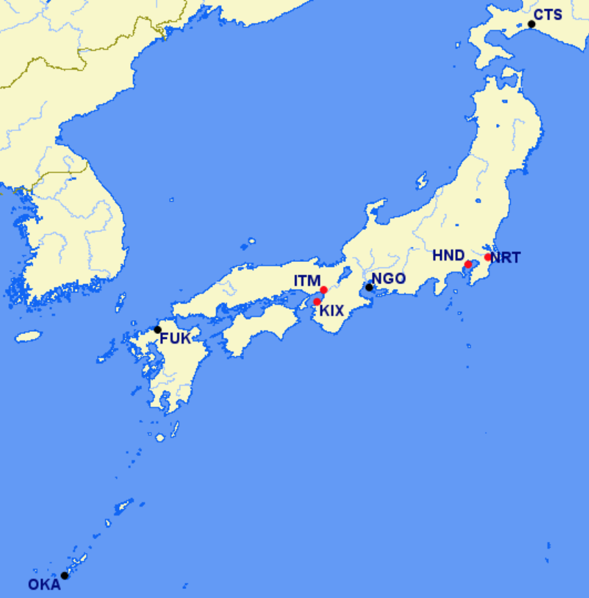 Japan Airlines hubs and focus cities