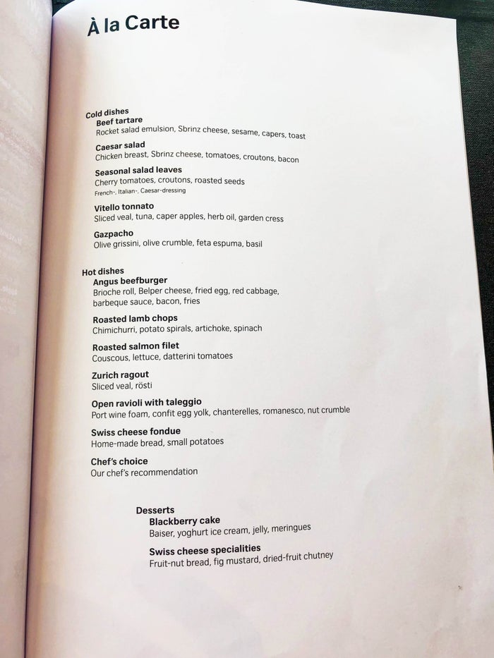 SWISS Air First Class Lounge A la carte dining menu SWISS First Class Lounge A la carte dining menu