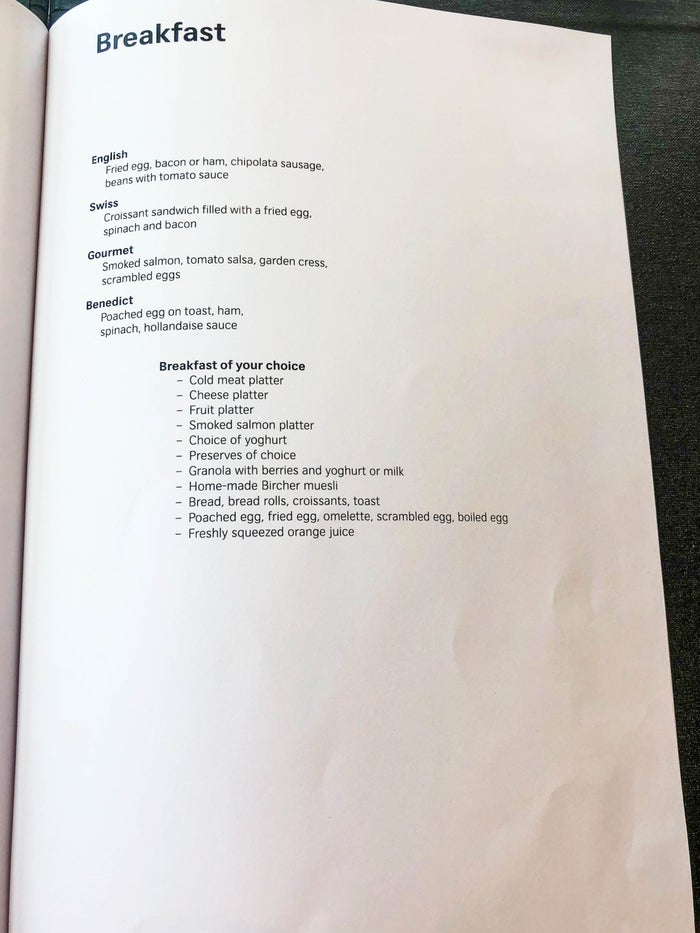 SWISS Air First Class Lounge Breakfast menu SWISS First Class Lounge Breakfast menu