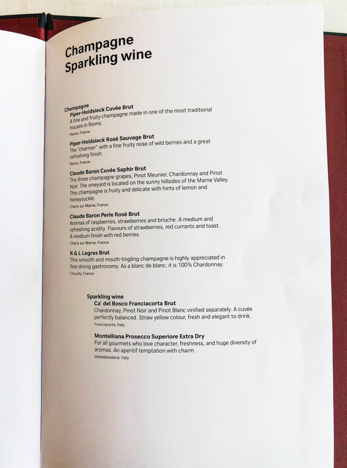 SWISS Air First Class Lounge Champagne list SWISS First Class Lounge Champagne list