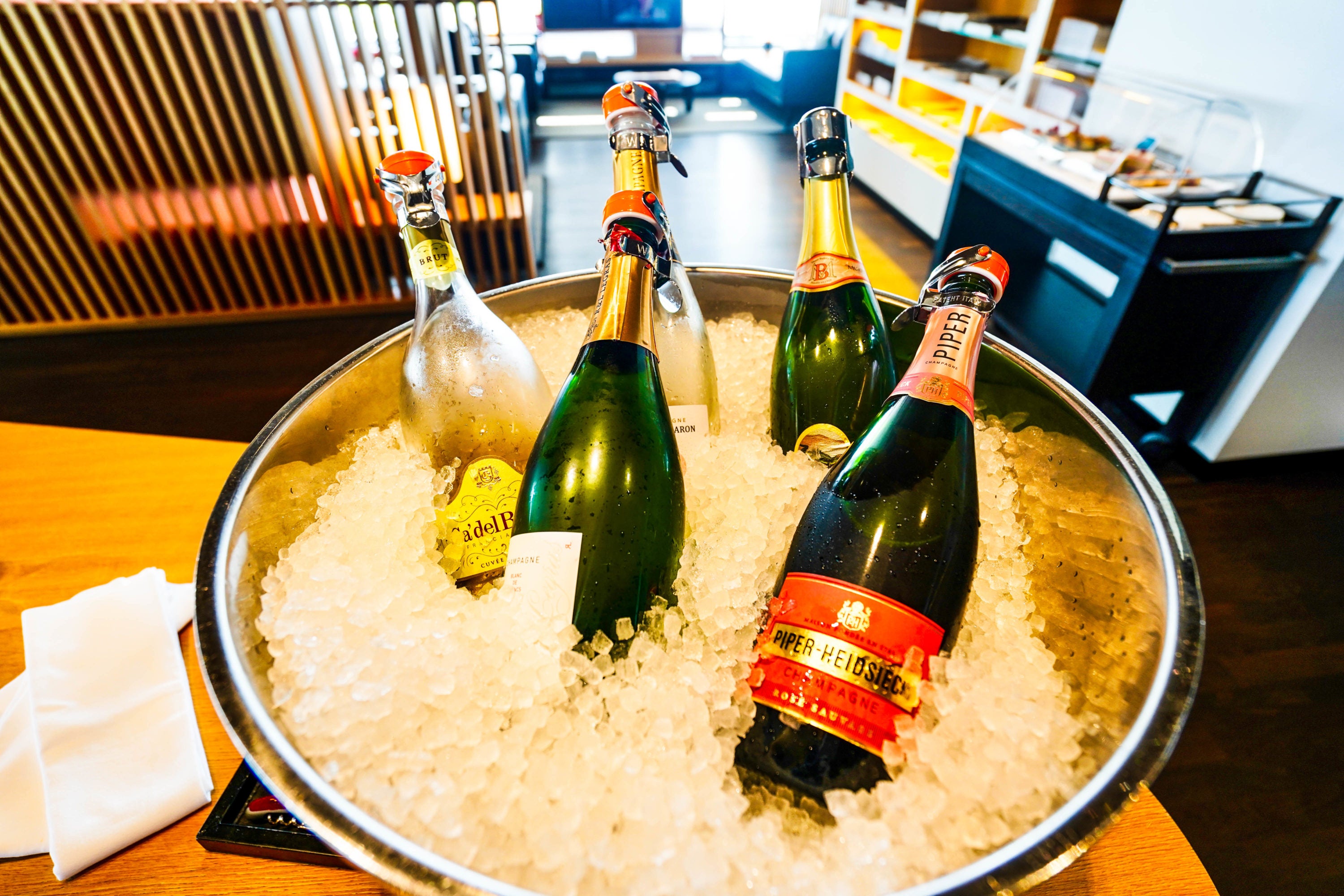 SWISS Air First Class Lounge Champagne selection SWISS Air First Class Lounge Champagne selection