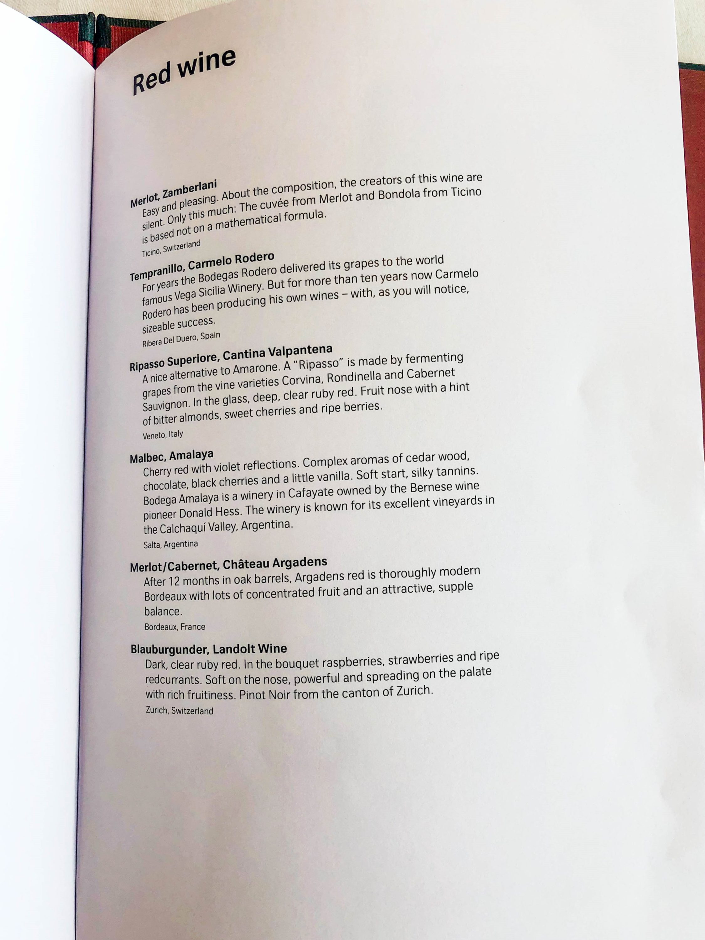 SWISS Air First Class Lounge Red wine list SWISS Air First Class Lounge Red wine list